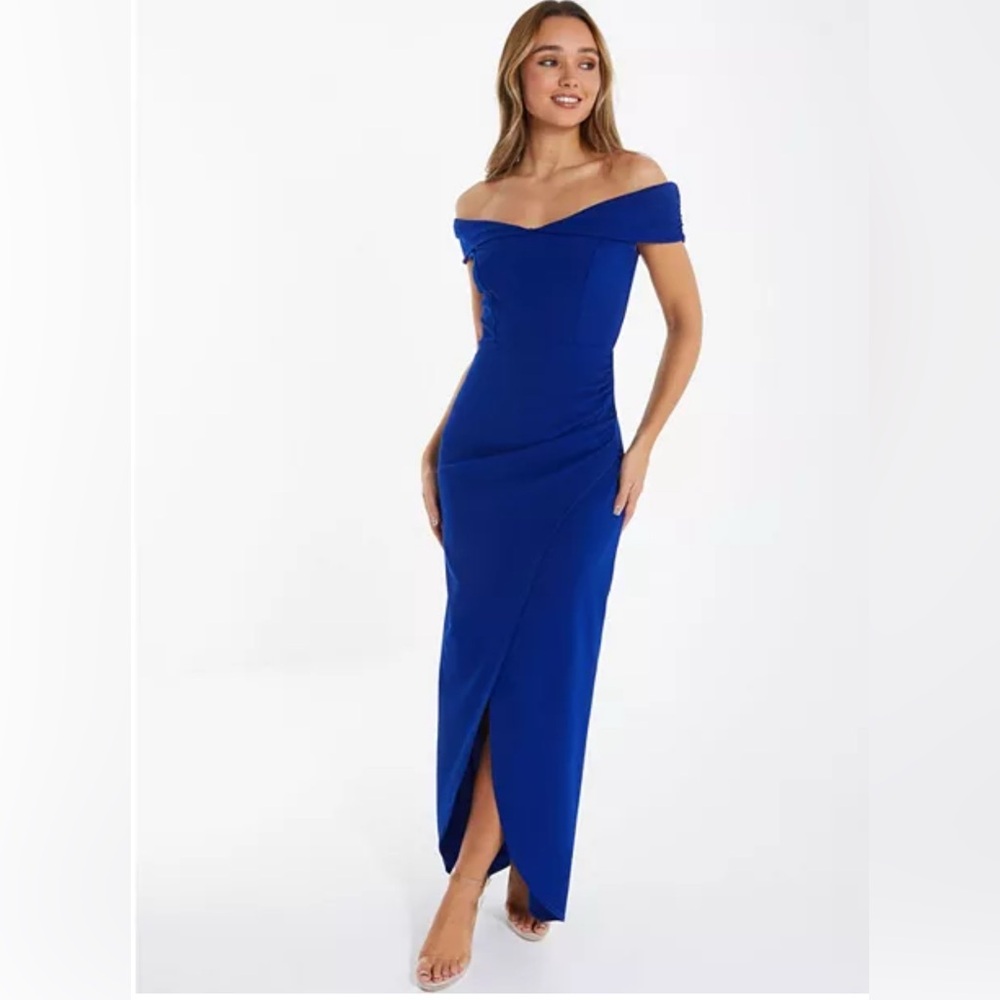 Royal Blue Scuba Crepe Ruched Bardot Maxi Dress